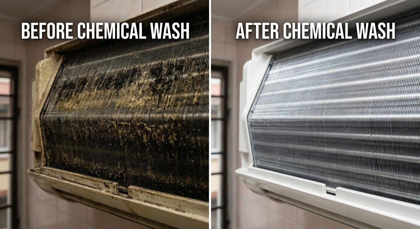 Hasil chemical wash aircond Hisense — coil bersih dan aircond sejuk semula