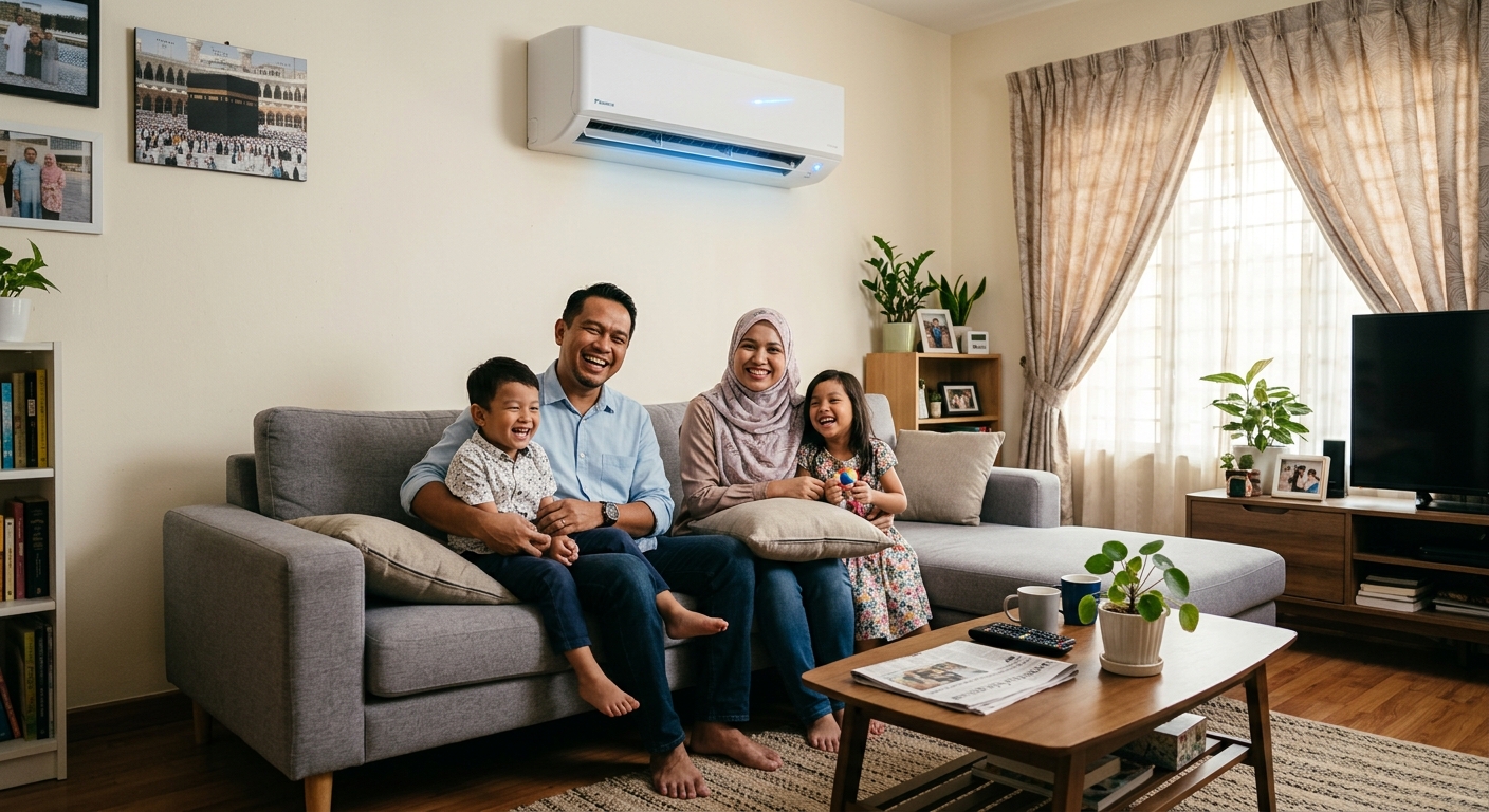 Keluarga gembira menikmati kesejukan aircond Hisense di rumah